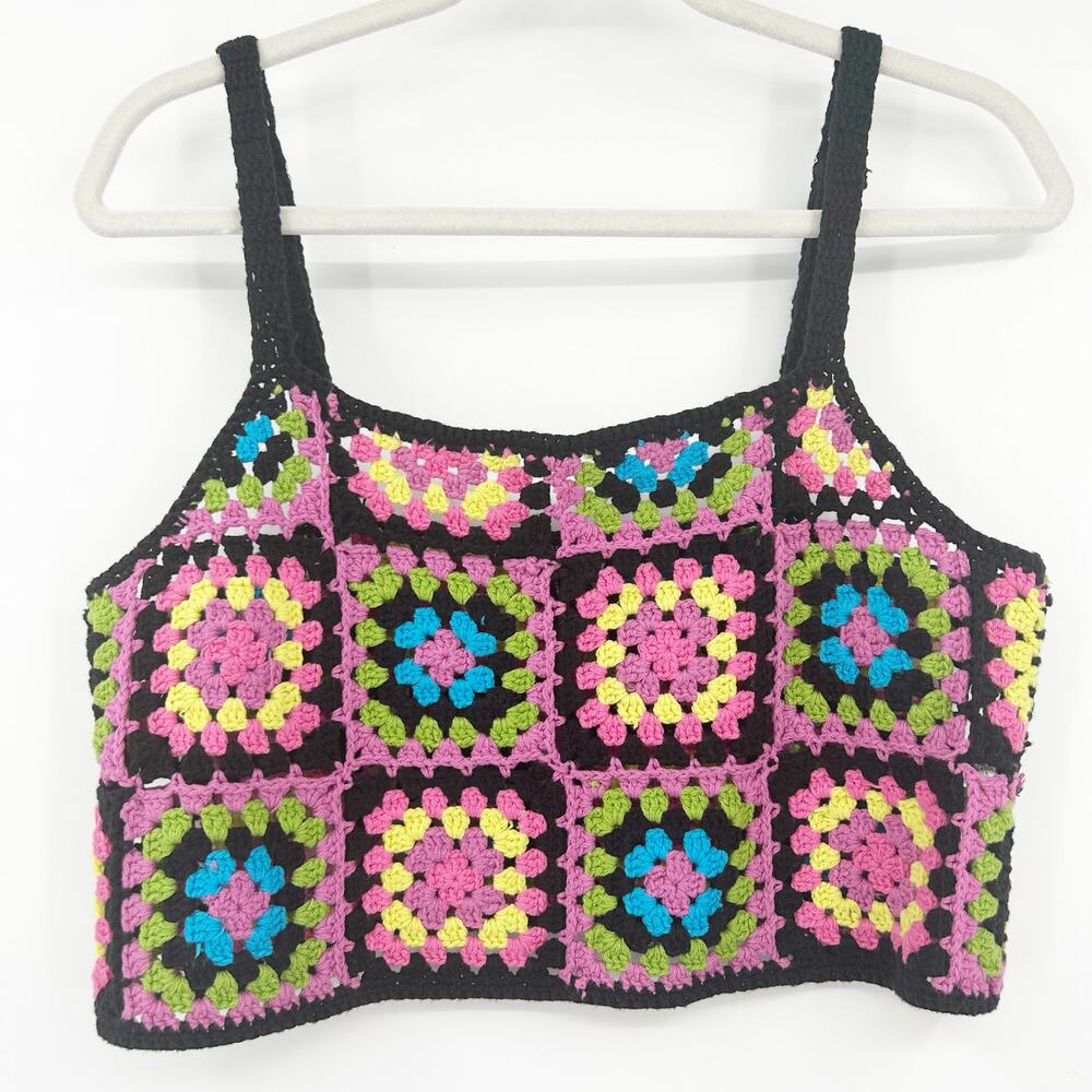 Forever 21 Womens Boho Summer Colorful Granny Square Crochet Cami Crop Top Small - Picture 2 of 7